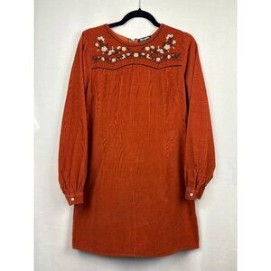Wrangler Retro Embroidered Corduroy Dress S Rust Orange Long Sleeve